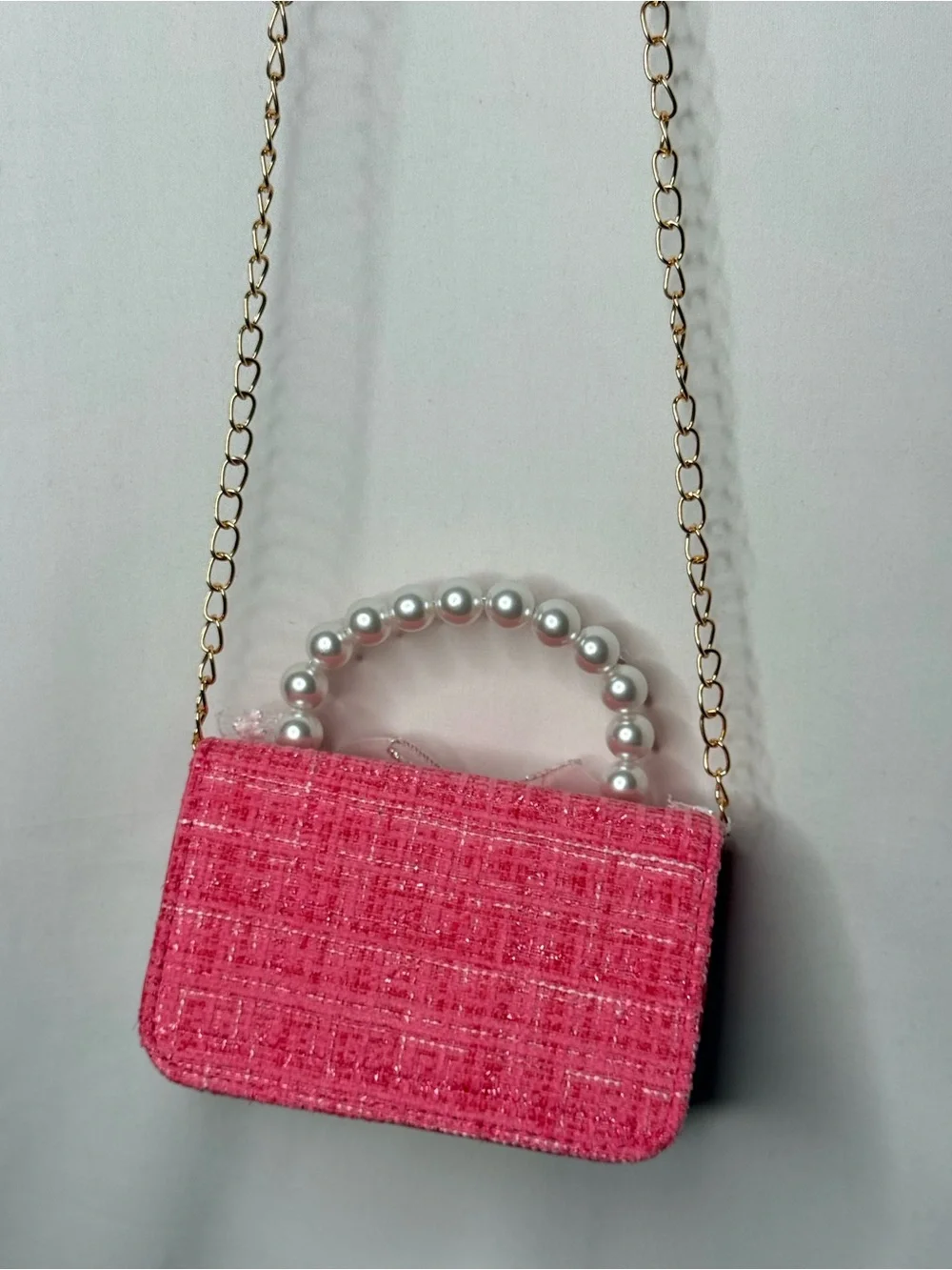 Cute Pink Tweed Mini Bag with Pearl Handle & Organza Bow (Y2K / Coquette)